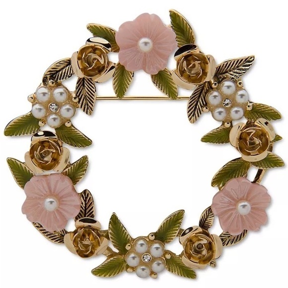 NWT gold toned Chrystal and imitation pearl wreath pin - Picture 1 of 12